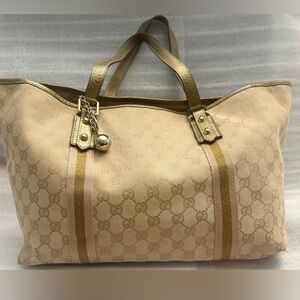 GUCCI Joy Tote GG Canvas Champagne Metallic Leather Charm Shoulder Bag Auth
COA